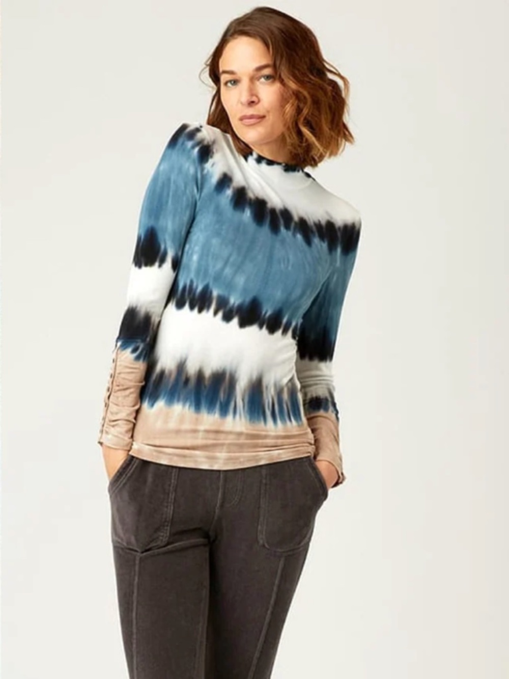 XCVI Ainsley Turtleneck Top Oblique Wash Tie Dye Ruched Brass Snap Cuff XL